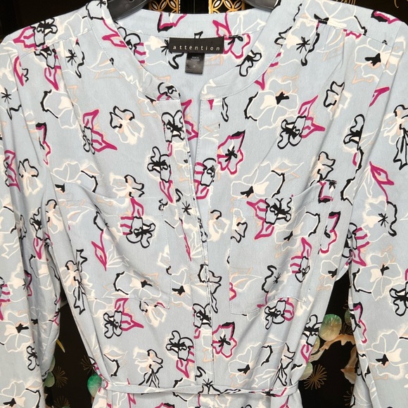 attention Abstract Floral Light Blue Shirt Dress with Pockets - Picture 5 of 7